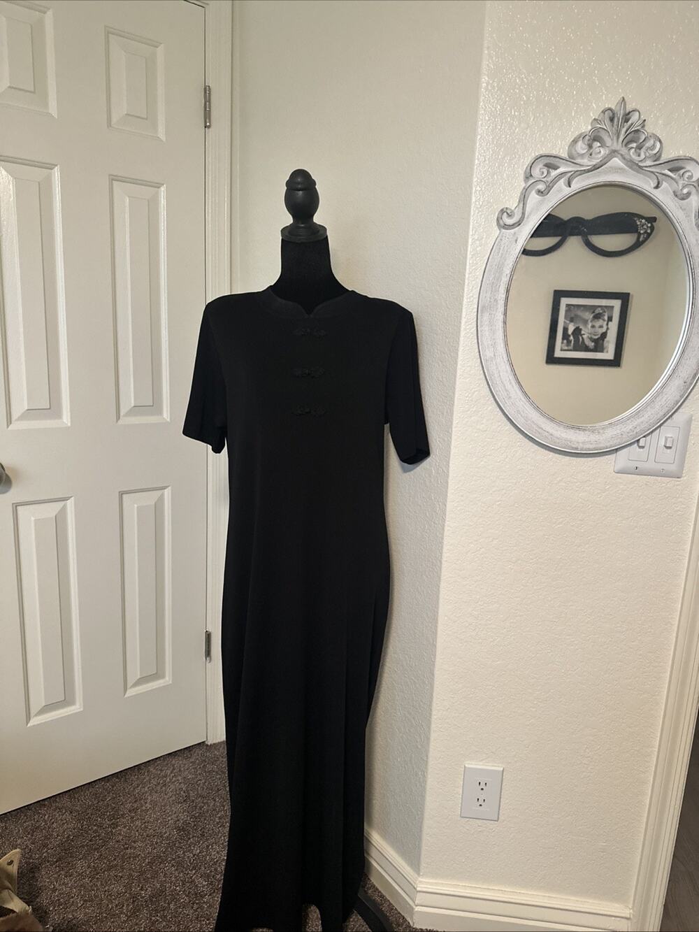 Misook Black Chinese Knot Mandarin Collar Black Midi Sheath Dress Size Large